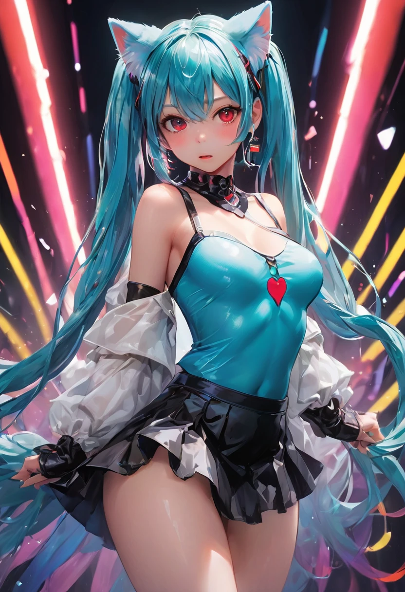 (Highest quality, 4K, 8k, High resolution, masterpiece:1.2), Very detailed, (Realistic, photoRealistic, photo-Realistic:1.37), expressive aesthetics, 1960s counterculture, Brightly colored humanoid, Psychedelic Art, Retro art style, Sharp details, abstract pattern, , Dark Power, , Background of love, , , Fractal Art, Multicolored neon lights, A unique and trippy perspective, landscape, Hallucinations, a mind-changing experience, Motion Blur, Fluid movement, Synthesizer Sounds, Realistic fur rendering, Rich and vibrant color palette, , Mysterious glow, high contrast lighting, , Both eyes are the same size, One Girl, alone, voluptuous, , , , Wet, Glowing Skin, , , Wrist cuff, , latex, , , Red cheeks, , , , , , Beautiful nipples, , , Pussy, , Shiny rosy lips, Sexy posture, Dynamic pose,Lens flare, Hatsune Miku, , cyan hair, ,Chest compressions,, Pleated skirt, torogao, , , Sex slave, bondage, bdsm, garter belt