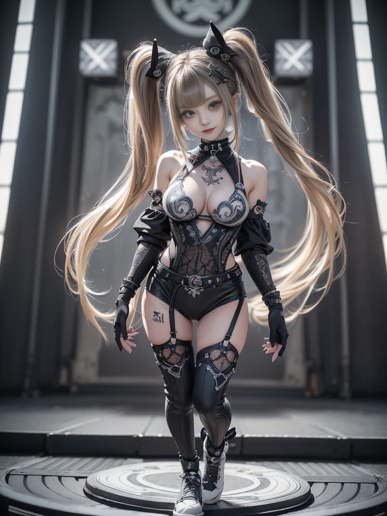 (Full Body View:1.5)、(lotus position:1.4)、(Smiling with teeth showing:1.3),(Shibuya Gal:1.5)、(Gothic ta style fashion:1.5)、(Punk RockVisual Kei:1.5)、(Wearing a rhythmic gymnastics bodysuit with intricate details:1.4)、(Racing suit and pants with intricate decorations in white, denim and charcoal:1.5)、(Denim and light blue and white boots:1.3)、((belt))、(Numerous delicate logo marks all over the costume:1.4)、(collar:1.3)、(Striped underwear:1.5)、20-year-old、NSFW、((Highest quality、In 8K、masterpiece:1.3))、Sharp focus:1.2、(Layered Cut、Huge boobs:1.1),Beautiful woman with perfect figure:1.4、(Dancing vigorously:1.3)、Slender Abs:1.2、Highly detailed face and skin texture、Detailed eyes、double eyelid,(Twin tails:1.3)、(Brown-golden hair:1.3)、Gravure idol、(The background is the stage of the fashion show:1.3)、(Slim body:1.3),(Make your legs thinner:1.4),(clavicle:1.1)、(Thin and slim thighs:1.3)