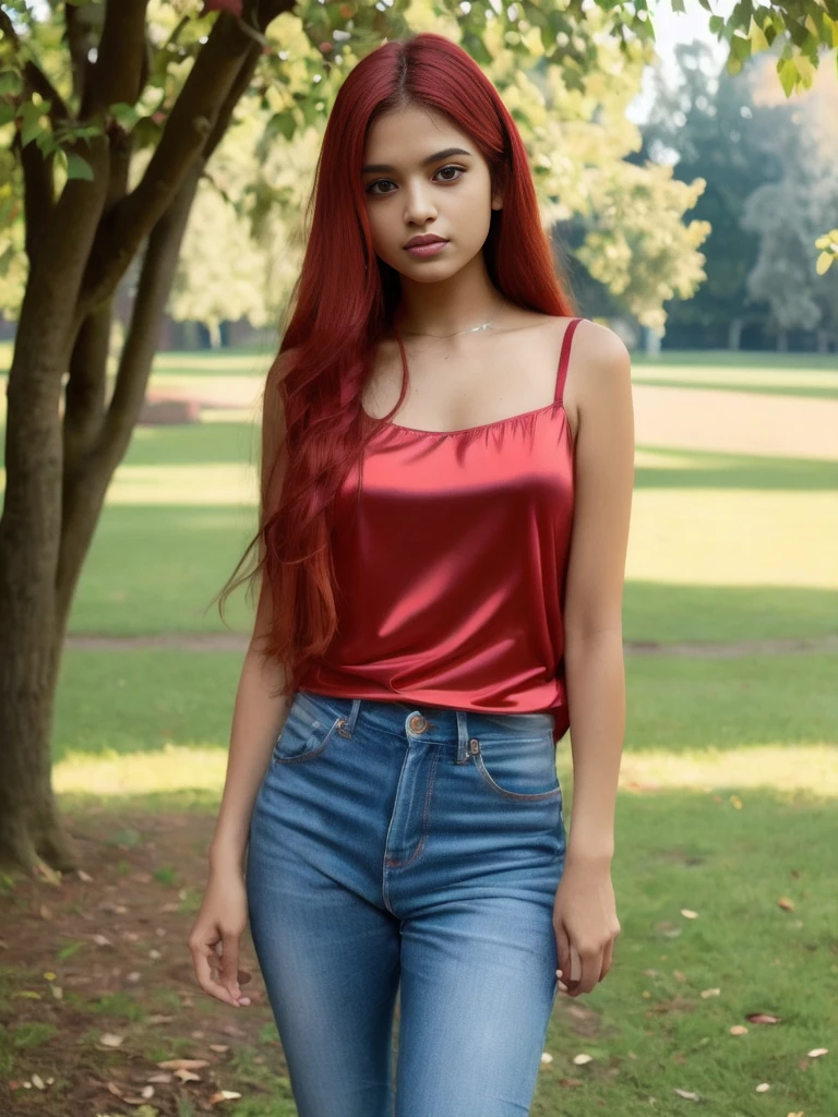 Portrait of 19 years old charming  teenage girl, healthy, beautiful Indian girl, very long red hair, cute and serious, naughty and provoking expression to viewer, ((tight silk top))), jeans, full body, in the park, sexy, ultra-realistic , photorealistic, detailed, light skin, detailed in 8K, [no worries, NSFW,]