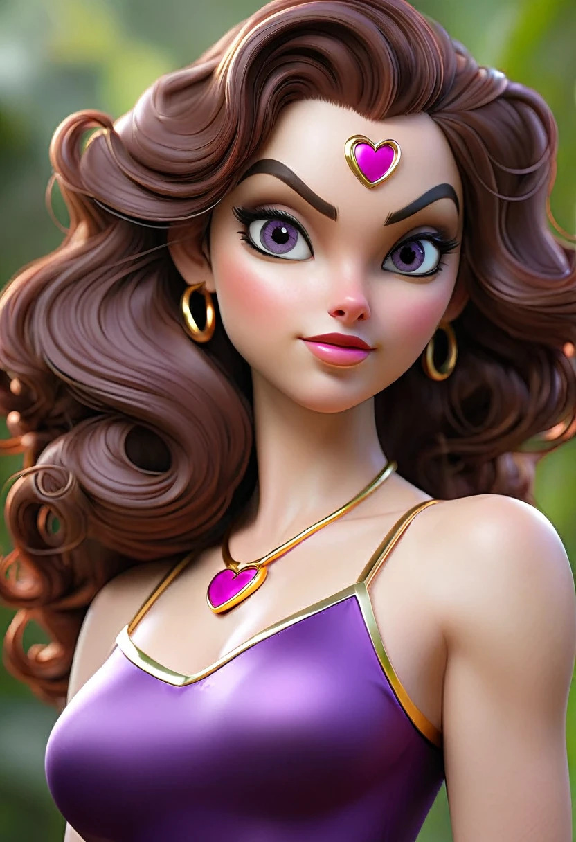 (best quality,4k,8k,highres,masterpiece:1.2),ultra-detailed,(realistic,photorealistic,photo-realistic:1.37) A sexy beautiful female supervillian who is a demigoddess , purple eyes and dark purple curly hair. She wears a skin tight pink sleeveless leotard, with a loincloth with a heart shaped symbol , she has gold bracelets high resolution portrait photography by artgerm, in the style of realism, glistening skin,natural lighting, Defined full lips. feminine body 