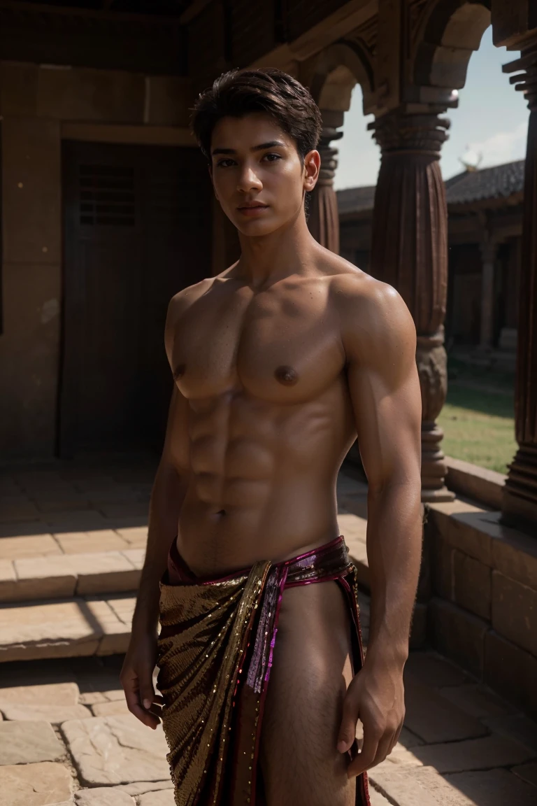 (8K, RAW photos, Highest quality) masterpiece, 1 boy, 20 years old, adult pose, wearing sexy royal sari, skimpy sari only covers sensitive areas,, ,Asian boy, looking at camera, standing  in ancient Kingdom, pampered style posing, showing her muscular breasts, puffy nipples, sexy six pack, slim waist, Handsome, Thick body hair, Sequin background, cinematic lighting, UHD