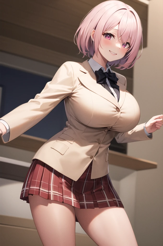 masterpiece, Highest quality, High resolution, Viewka, Shortcuts, Pink Hair,Big Tits,Large Breasts,Place hands on both chests,Tight,Beige blazer,skirt, smile, Are standing, Cowboy Shot