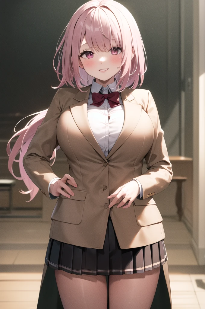 masterpiece, Highest quality, High resolution, Viewka, Shortcuts, Pink Hair,Big Tits,Large Breasts,Place hands on both chests,Tight,Beige blazer,skirt, smile, Are standing, Cowboy Shot