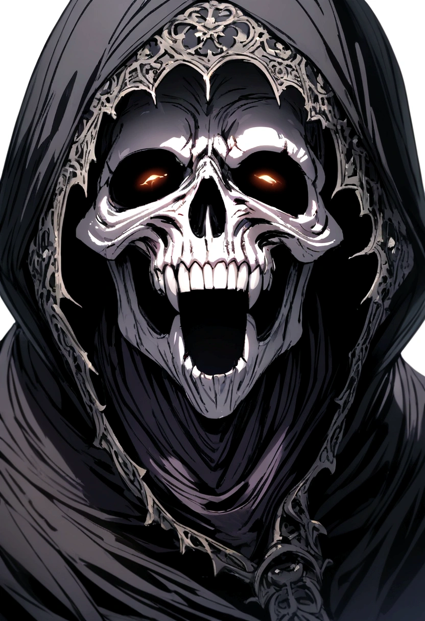 scary grim reaper skull face screaming scary white background goth dark hood creepy smile upper body