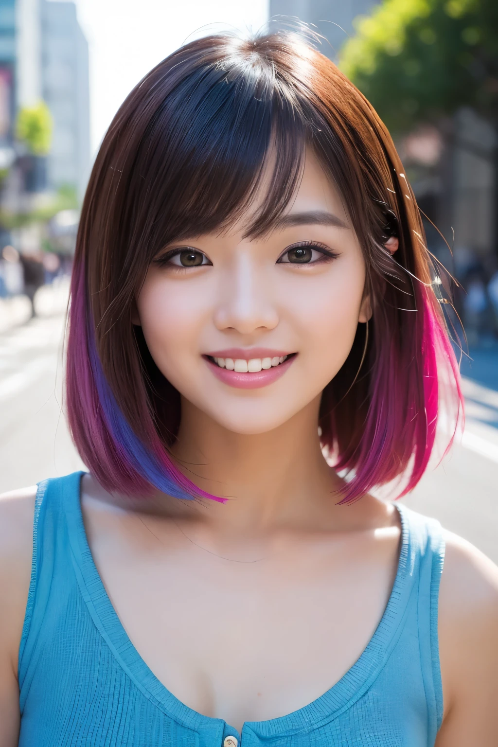 high quality, High resolution, masterpiece, completion, detailed.impressive, Cutting-edge female photography portraits, Showcasing a bold and daring street-art style. Facing forward、beautiful woman、smile、smile、looks fun、cyan, and purple, Her vibrant makeup really catches the eye., Blue and pink hues in harmony. 背景には蛍光クロムイエローand purpleの魅惑的なグラデーションが施されています, Blends seamlessly with the dynamic colors of your subject. This powerful combination of hyper-detailed realism and artistic expression creates a vivid,