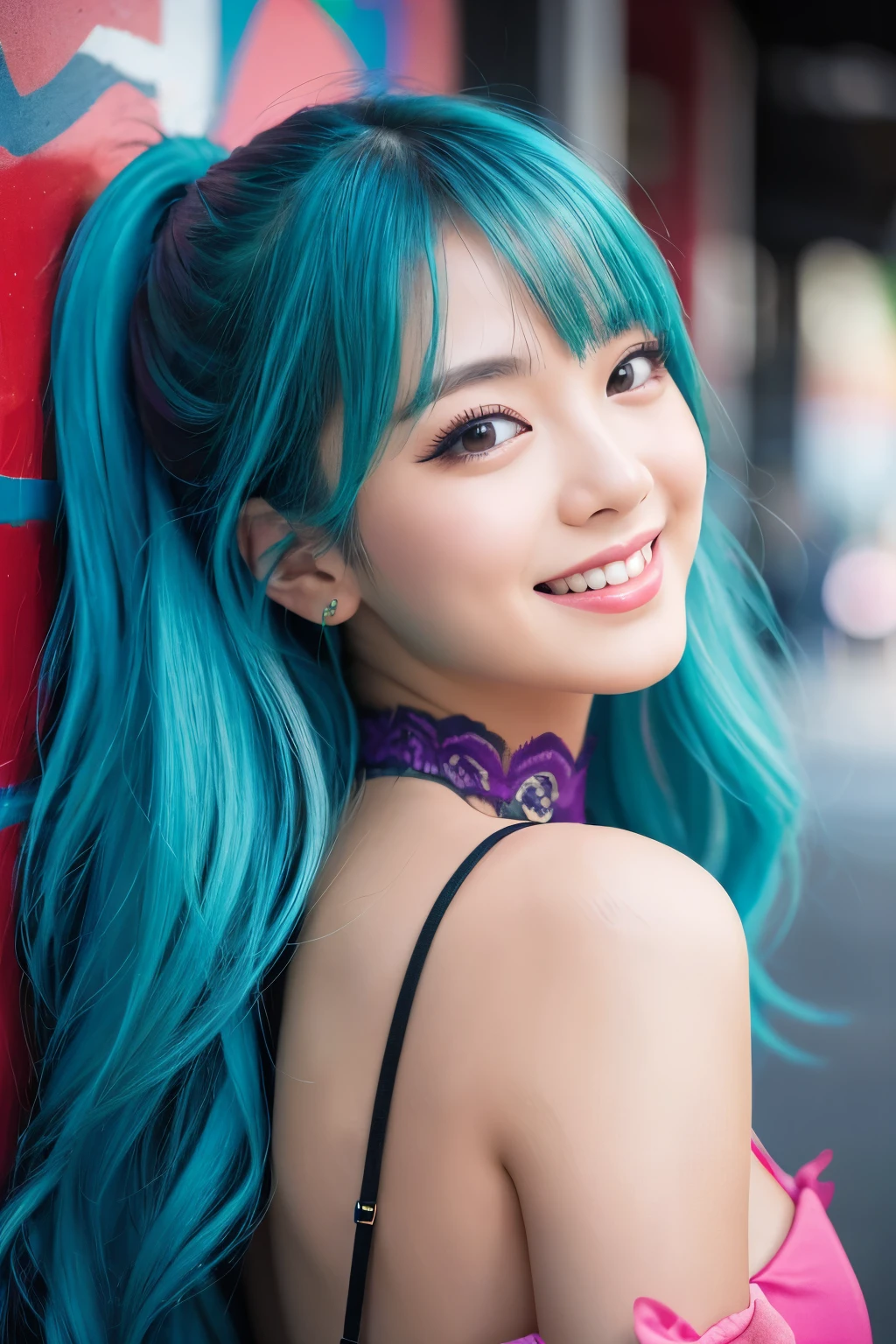 high quality, High resolution, masterpiece, completion, detailed.impressive, Cutting-edge female photography portraits, Showcasing a bold and daring street-art style. Facing forward、beautiful woman、smile、smile、looks fun、cyan, and purple, Her vibrant makeup really catches the eye., Blue and pink hues in harmony. 背景には蛍光クロムイエローand purpleの魅惑的なグラデーションが施されています, Blends seamlessly with the dynamic colors of your subject. This powerful combination of hyper-detailed realism and artistic expression creates a vivid,