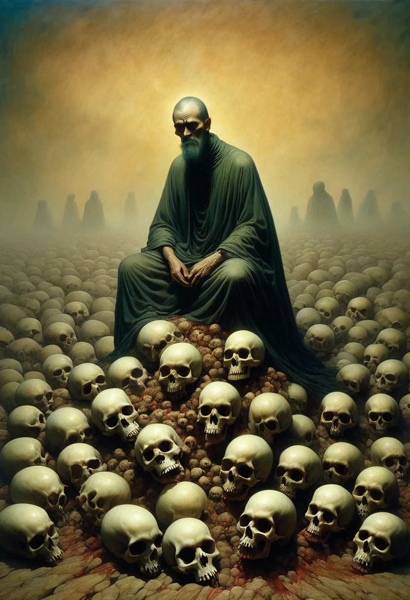 A painting，The painting shows a man sitting on a pile of skulls, Disturbing, crawl, gloomy, rotten, High saturation by zdzislaw beksinski