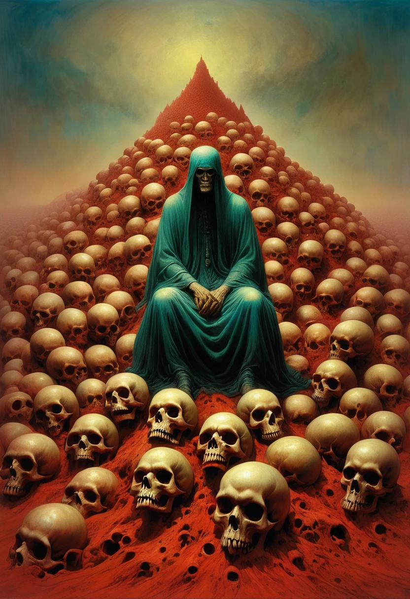 A painting,The painting shows a man sitting on a pile of skulls, Disturbing, crawl, gloomy, rotten, High saturation by zdzislaw beksinski