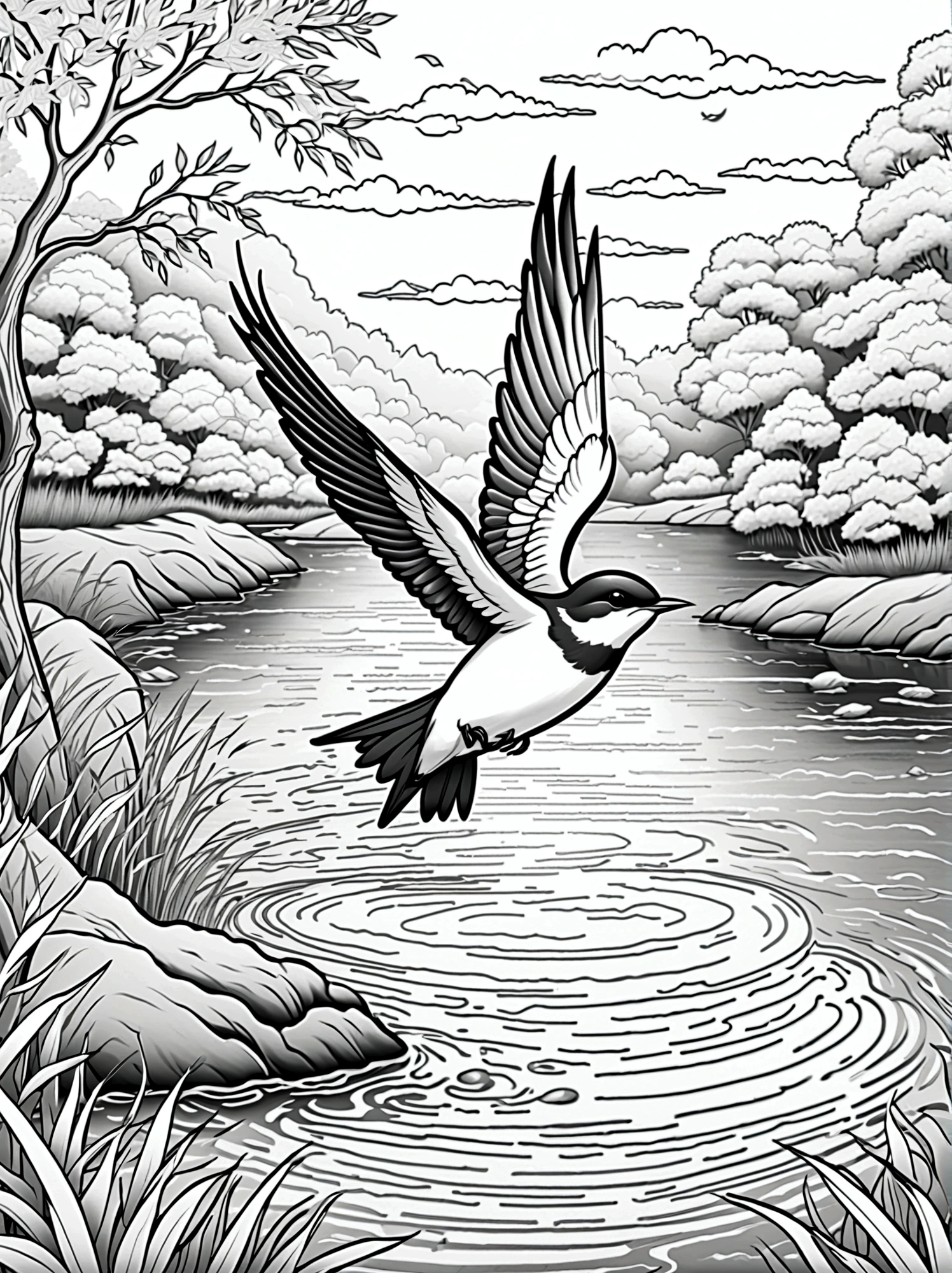As a coloring book. White background, black and white, line drawing. No coloring. No coloring! borders should be simple, clear, distinct, and thick lines. By Cartoon style of [swallow], [flying with wings spread wide], [over a river], [willow trees]