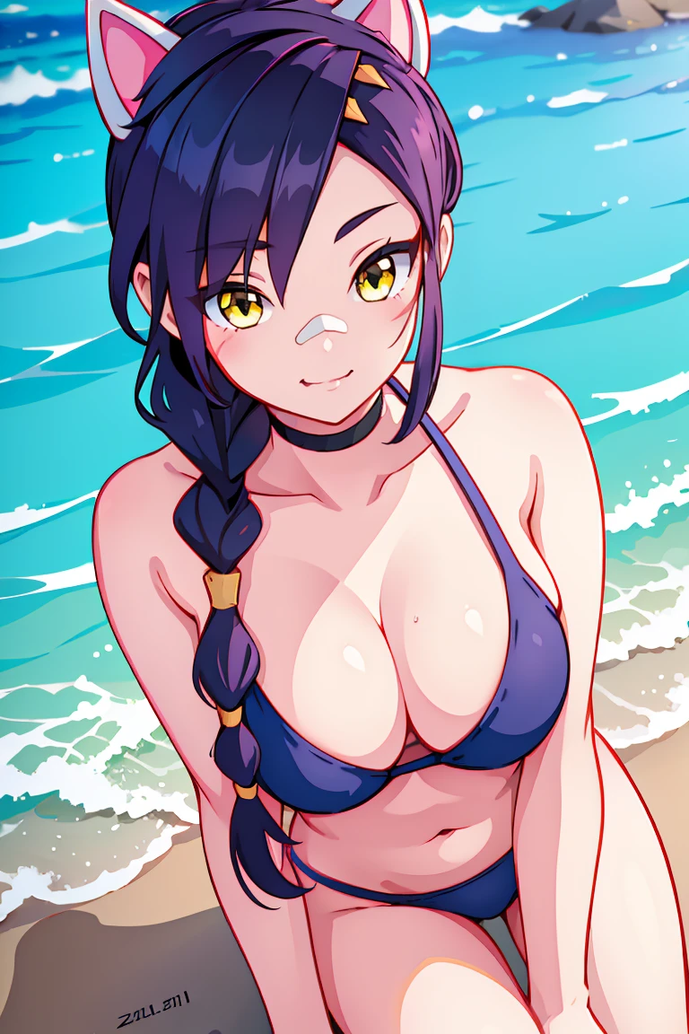 Erisa, 1girl, solo, long hair, looking at viewer, black hair, bandaid on face, yellow eyes, animal ears, smile, bandaid on nose, braid, cat ears, bandaid, bangs, breasts, fake animal ears, simple background, fang, bare shoulders, scar, bare shoulders, closed mouth, hair over one eye, portrait, hair over shoulder, legs, seductive, bathing suit, 2 piece swimsuit, beach, realistic, highly detailed face, detailed eyes, best quality, masterpiece, ultra detail, ultra high res, extreme detail, 8k, uhd, voluptuous