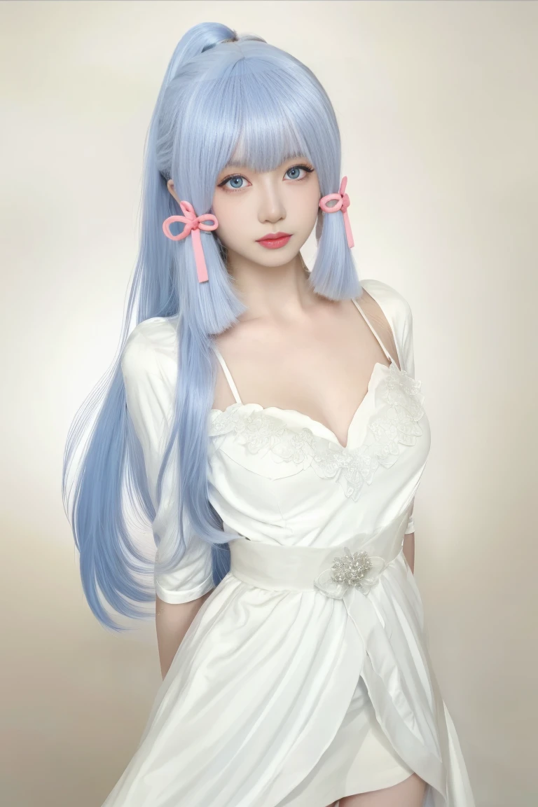 best quality, tmasterpiece,Ultra-high resolution,Clear face,（Reality：1.4），ferpect lighting，(upper body shot:1.5), (photorealistic:1.50), anime wallpaper, Guviz style artwork, cover-up fantasy up to magic , by Yang J, Guviz, beautiful artwork illustration, beautiful digital artwork, beautiful digital illustration, Li Song, beautiful anime portrait, art style in Beauvot,1girl, solo, long hair, white hair, Ponytail hair, Hair ribbon, Red ribbon, Bangs, hair ornament, (Bandage clothes:1.3), (short dress:1.3), (white dress),Thigh, standing,(super Giant breast:1.10),(Sagging breasts:1.5),(Cleavage:1.5),(blue eyes:1.5),