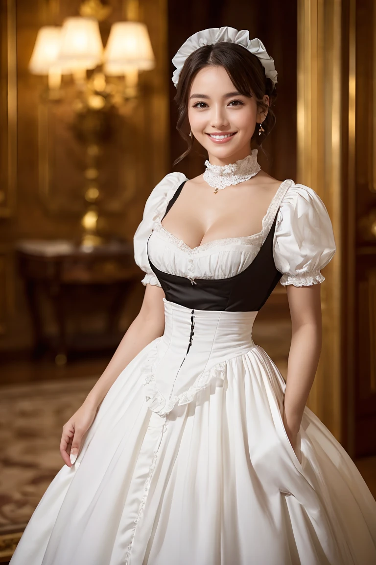 (Highest quality、Tabletop、8k、Best image quality、Award-winning works)、One beautiful woman、Glowing Beautiful Skin、(The most luxurious and gorgeous Victorian maid dresses:1.3)、Maid uniform with apron、Maid clothes with frills、Huge black and white maid dress、Gorgeous long skirt maid outfit、Shiny Ultra HD Skins、(Accurate anatomy:1.1)、A gentle Look at me and smile、(Photo from the waist up:1.1)、Cleavage、(Standing Elegantly:1.1)、(Blurred background of the most luxurious mansion:1.2)、Portrait Photography、(Very atmospheric, Romantic and warm lighting:1.1)、光を受けてGlowing Beautiful Skin、(The most detailed and perfect face:1.1)、(The most detailed eyes:1.1)、(Beautiful and moisturized skin:1.1)、Look at me and smile