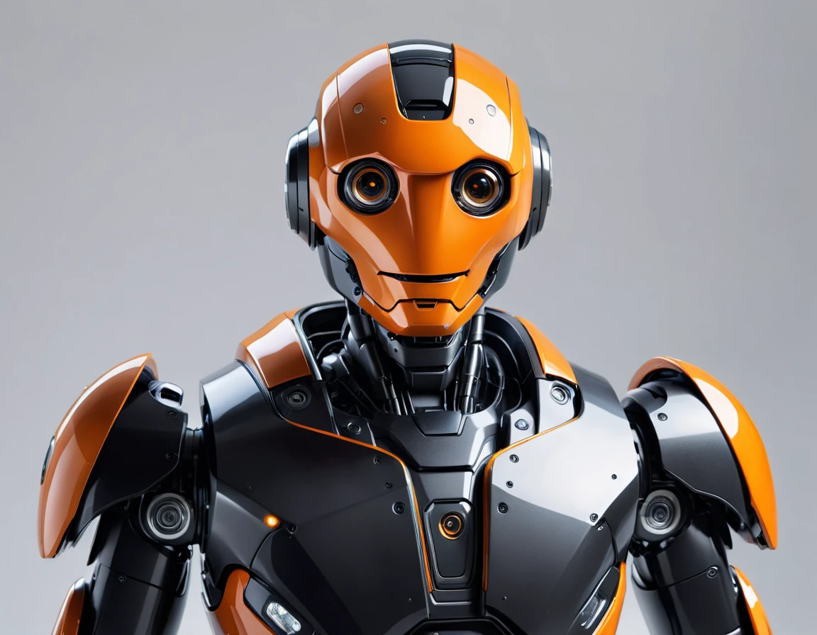 Create a realistic image of an adult male AI robot with a predominantly orange and black appearance. He should be wearing a helmet with glasses covering his eyes, but his mouth is visible and he's smiling at the camera. The AI robot should be posing in a funny manner in front of the camera, with his entire body clearly visible from head to toe. The background should be white. The overall scene should emphasize the whimsical and playful nature of the AI robot character