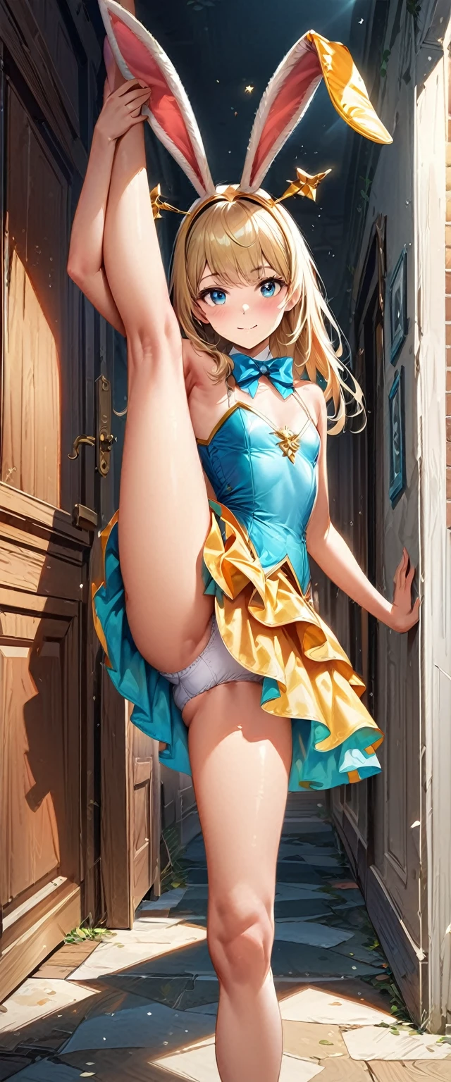 masterpiece, Highest quality, Highly detailed CG Unity 8k wallpaper, (Closeup shot of the upper body head of a beautiful girl), , Elegant long straight blonde hair, (Flat Chest,Thighs), (Orange-blue) Golden (Sparkly tutu,long rabbit ears headgear, , bow tie, white panties, ), (run away), (blush), Oilskin, (Captivating smile), (Wonderland), Pretty face, Key Art, Awards, intricate detail realism hdr, , Photorealism, Hyperrealism, Ultra-realistic, Dramatic Light, Strong Shadows, Nice views, Depth of written boundary ,standing split,full body,standing on one leg