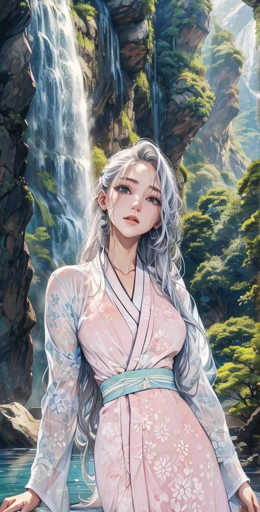 Deep in the mountains、waterfall、The kimono is plain white、The kimono gets wet and the skin becomes transparent、My face and hair are wet、The kimono has no pattern.、The fabric of the kimono is thin、The kimono is pure white