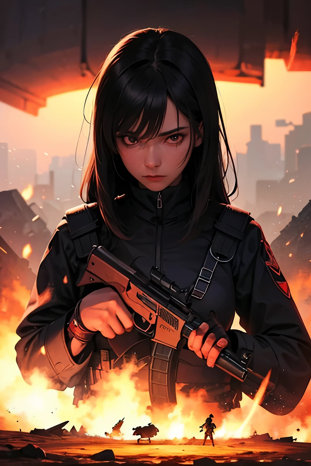 soldado tatico, equipped with guns fire, pronto para o confronto. Dense fog and darkness create a tense atmosphere.prepare for a duel that will determine who dominates the shadows. Red and black colors, destruction and war in the background