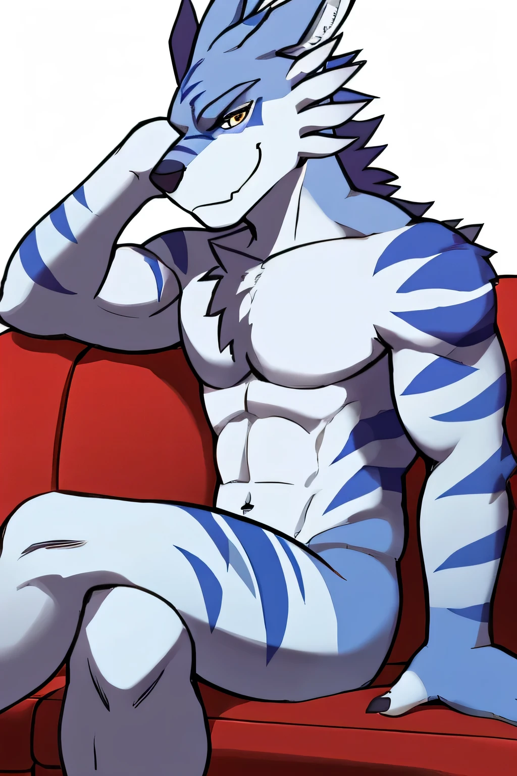 adult male, weregarurumon, solo, sitting in an couch with crossed legs, nude, naked, smirk, smug,