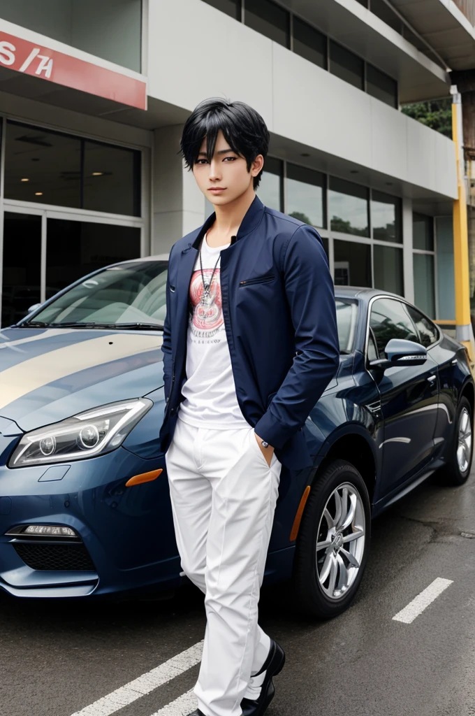 A rich anime boy on car making money