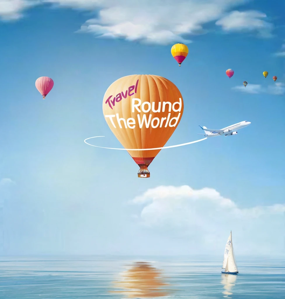 there is a picture of a hot air balloon flying over the ocean, around the world, official artwork, travel ad, travel upwards, round-cropped, round about to start, official art, round background, screencapture, round, screengrab, promotional render, round round round nose, promotional artwork, 🪔 🎨;🌞🌄, tourist destination, promotional art