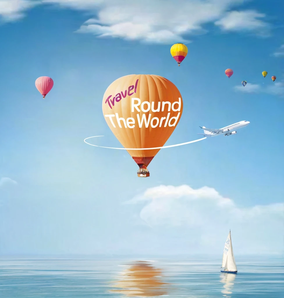 there is a picture of a hot air balloon flying over the ocean, around the world, official artwork, travel ad, travel upwards, round-cropped, round about to start, official art, round background, screencapture, round, screengrab, promotional render, round round round nose, promotional artwork, 🪔 🎨;🌞🌄, tourist destination, promotional art