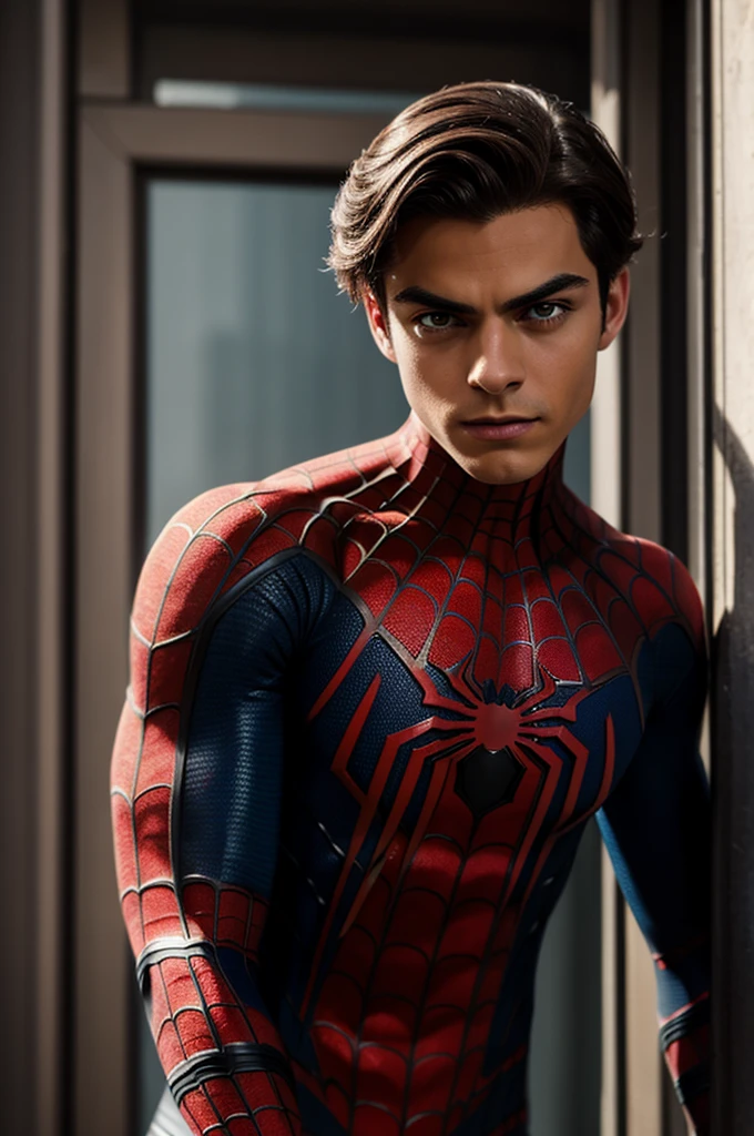 A photograph of Spider-Man., sin mascara, the 20s, elegante, cara detallada, looking to the camera, retrato, 8k hd, alta calidad