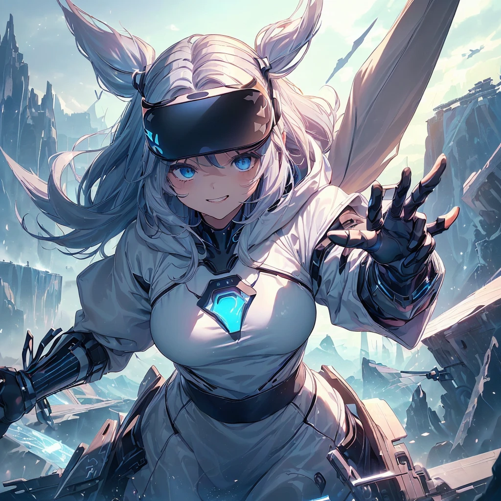 1girl、The best composition、(((最high quality、Best image quality、masterpiece、ダイナミックなThe best composition、Teenage Girls)))、((White and blue hoodie、Black Skirt、18-year-old、 Ager、Small breasts、Large bast,Beautiful light blue eyes, Long silver hair、Slender,Big Valley、Show the whole body、Leaning forward、Attach the VR visor to your eyes、Jump pose、Excited face、Play VR,)),high quality、Beautiful art、background(( Cyber World、Cyber World、Space World))masterpiece、Depth of written boundary,Super huge、Cyber Sword、
