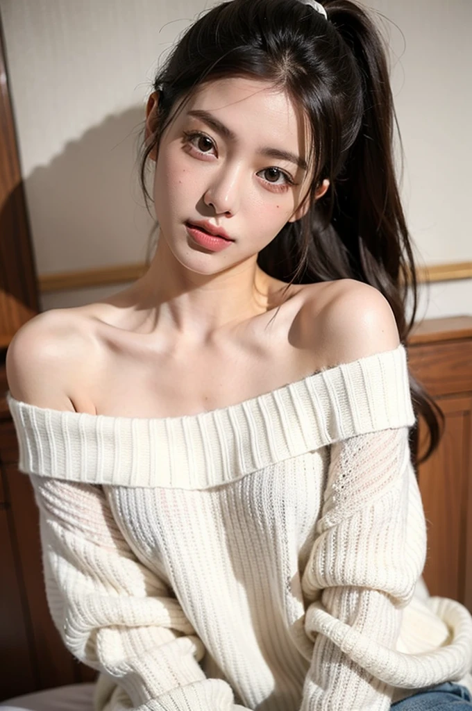 ((best quality)), ((masterpiece)), (detailed), 1girl, off-shoulder sweater, black bob hair, perfect body, normal breast
