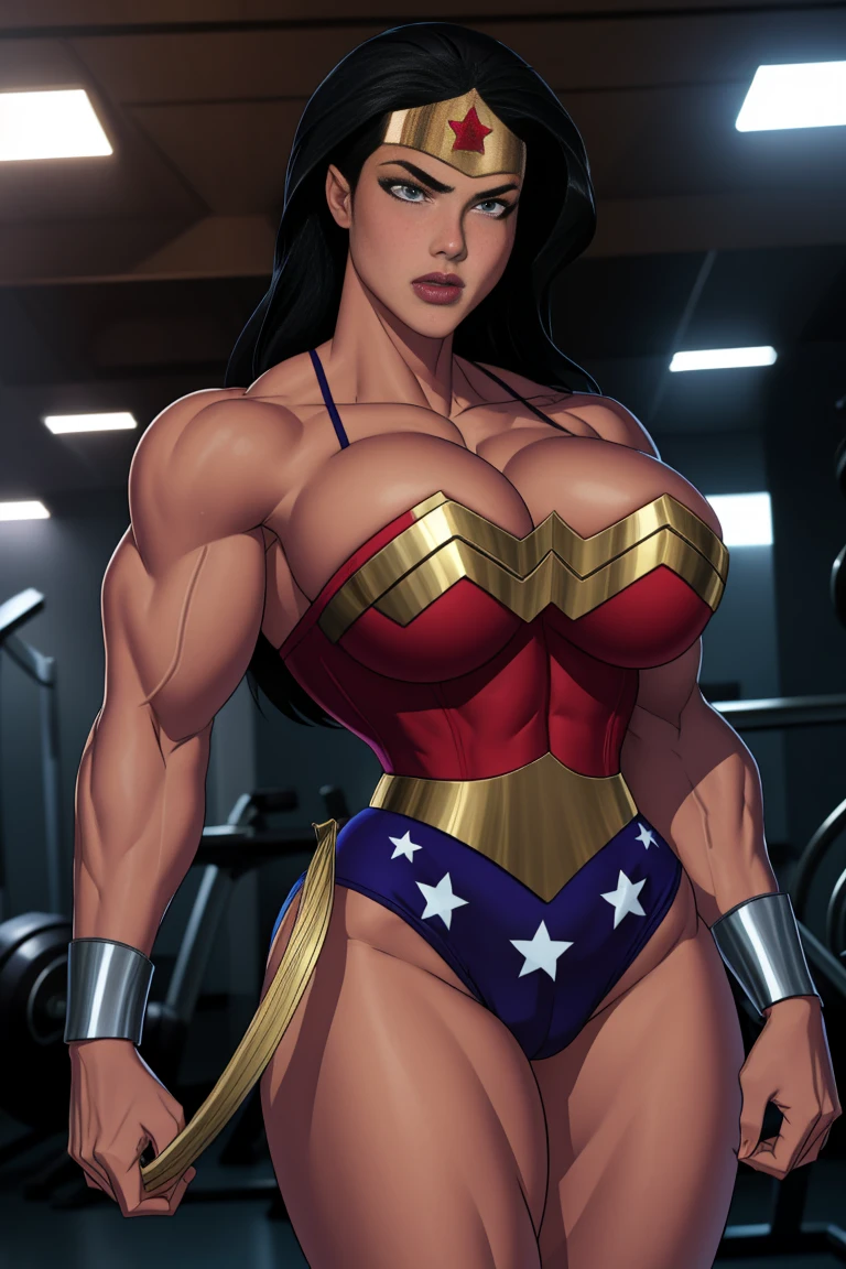 muscular woman in gym, corset, wonderwoman, big biceps, strong arms, athletic physique, powerful pose, detailed muscles, detailed skin, dramatic lighting, photorealistic, cinematic, award winning digital art, hyper detailed, ultra detailed, 8k, best quality, masterpiece