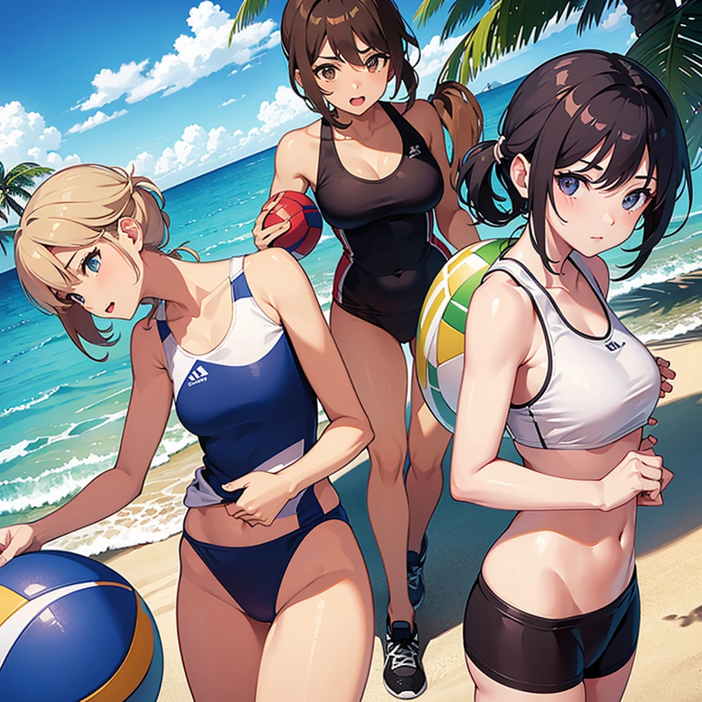 Multiple girls in swimsuits on the beach playing volleyball cuerpo perfecto