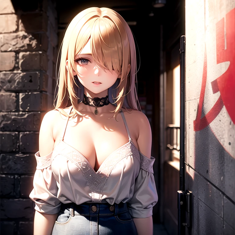 ultra realistic 8k cg, masterpiece, ((ultra detailed background, delicate pattern, intricate detail)), best quality, intricate details, chromatic aberration, 1girl, long hair, golden hair, messy hair, red highlights, hair over one eye, sharp eyes, choker, brick wall, graffiti, dim lighting, alley, oversized shirt,off shoulder, see through white shirt, Masterpiece, best quality