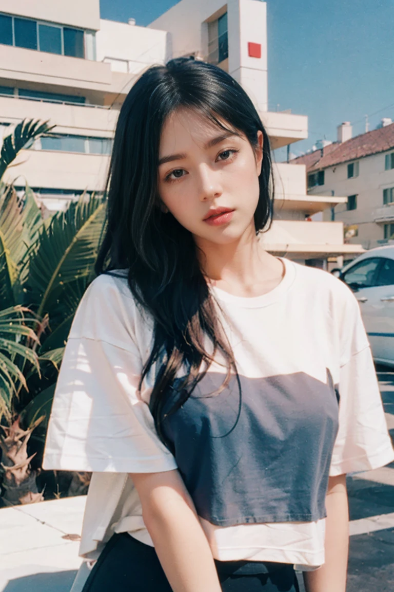 ((long shot photography)) ((best quality)), ((masterpiece)), (detailed),upper body,close-up, 8k, RAW photo,1 girl,real Polaroid photo, beautiful, ultra-realistic,detail face, light leak,dark intens shadow, black bob hair, almond eye, no makeup, white tshirt, ((oversized untucked tshirt)), peach color skirt, in front of ((80's architecture colorful mondrian motel)), ((masterpiece)),(sharp focus), (palm trees),summer, blue sky,sunny, los angles vibes