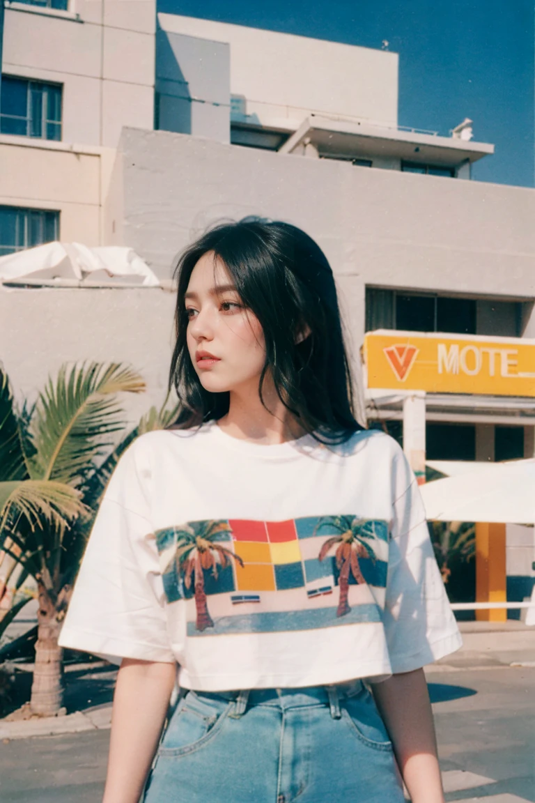 ((long shot photography)) ((best quality)), ((masterpiece)), (detailed),upper body,close-up, 8k, RAW photo,1 girl,real Polaroid photo, beautiful, ultra-realistic,detail face, light leak,dark intens shadow, black bob hair, almond eye, no makeup, white tshirt, ((oversized untucked tshirt)), peach color skirt, in front of ((80's architecture colorful mondrian motel)), ((masterpiece)),(sharp focus), (palm trees),summer, blue sky,sunny, los angles vibes