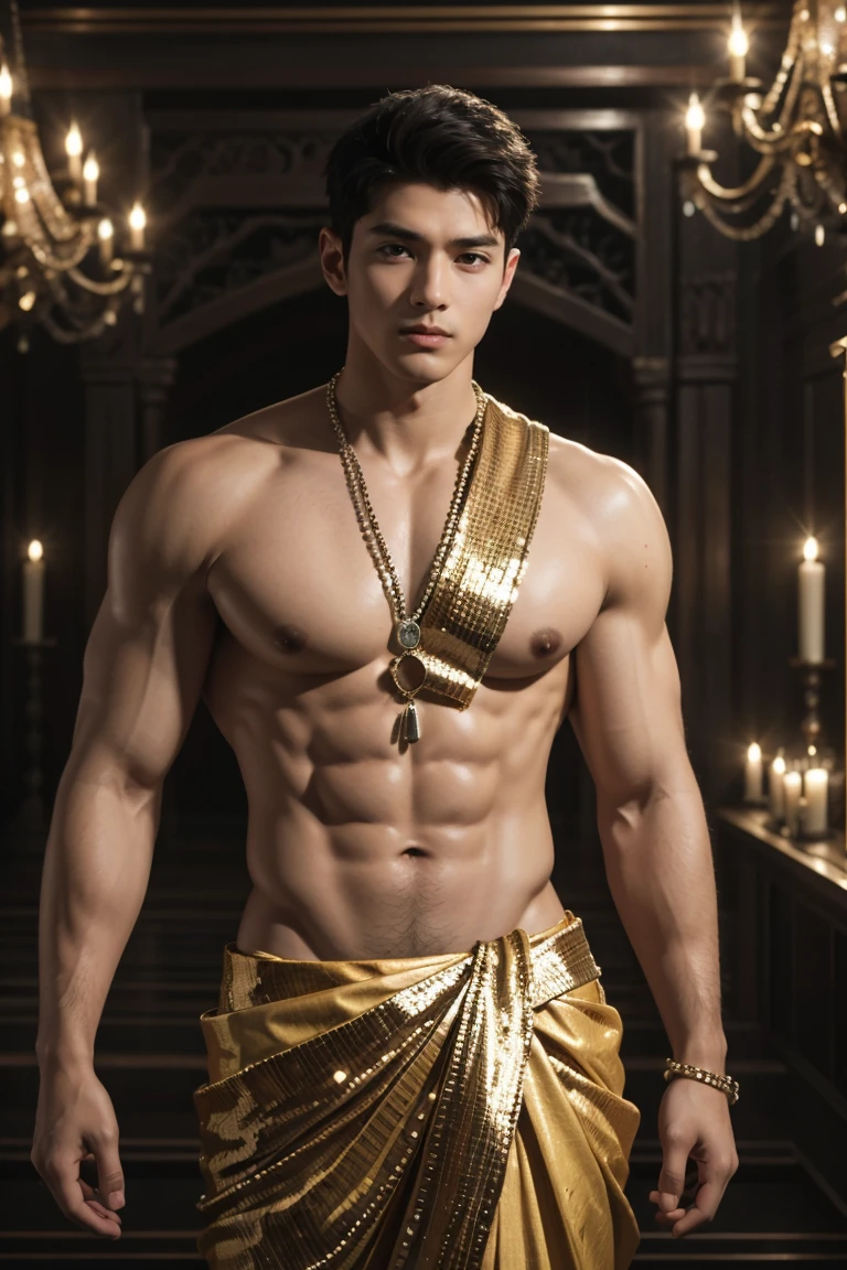 (8K, RAW photos, Highest quality) masterpiece, 1 boy, 20 years old, adult pose, wearing sexy royal sari, skimpy sari only covers sensitive areas,, ,Asian boy, looking at camera, standing  in ancient Kingdom, pampered style posing, showing her muscular breasts, puffy nipples, sexy six pack, slim waist, Handsome, Thick body hair, Sequin background, cinematic lighting, UHD