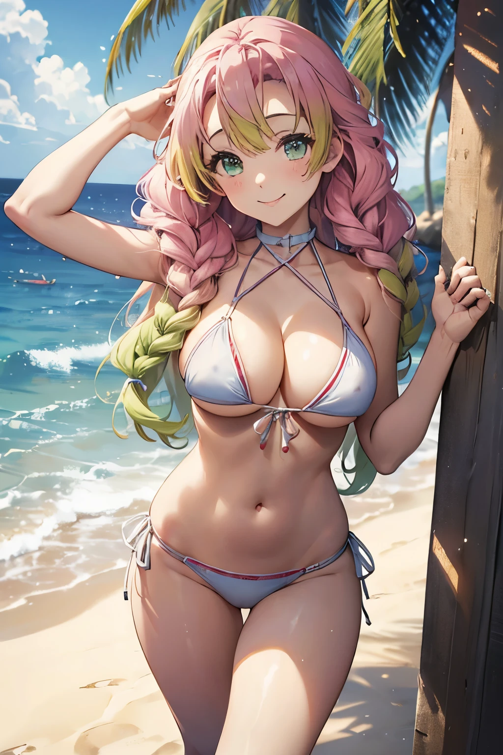 (8K、masterpiece、Highly detailed background、high resolution)、(mitsuri kanroji)、Cleavage、(beach、White Bikini、Swim ring、Gravure pose、Embarrassed smile、Nipple protrusion)
