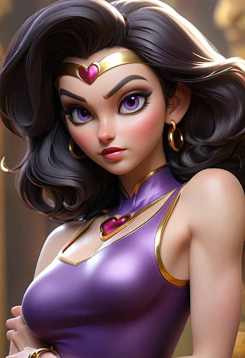 (best quality,4k,8k,highres,masterpiece:1.2),ultra-detailed,(realistic,photorealistic,photo-realistic:1.37) A sexy beautiful female supervillian who is a demigoddess , purple eyes and dark purple hair. She wears a skin tight pink sleeveless leotard, with a loincloth with a heart shaped symbol , she has gold bracelets high resolution portrait photography by artgerm, in the style of realism, glistening skin,natural lighting, Defined full lips. feminine body 