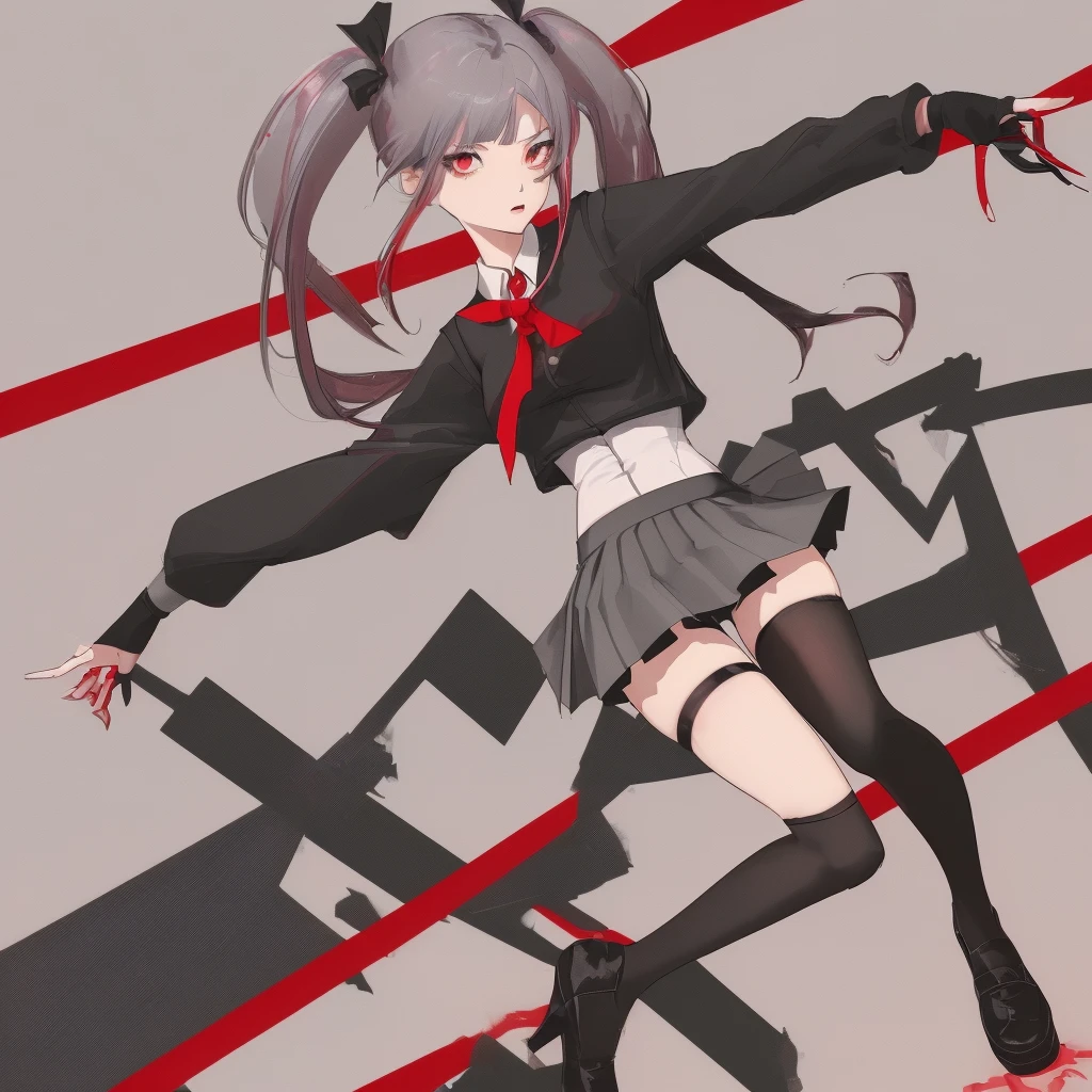 girl in a short skirt in knee-length stockings, red-gray hair,Twin Tail, full height, 2D wallpapers