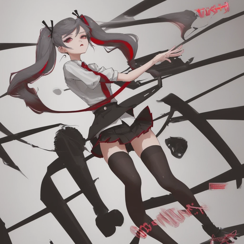 girl in a short skirt in knee-length stockings, red-gray hair,Twin Tail, full height, 2D wallpapers