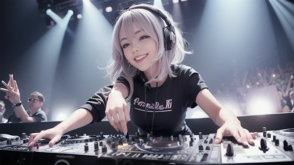 (ultra - detailed, 16K resolution, Cinema lenses, rendering by octane), (high resolution:1.18), intricate detail, (masterpiece:1.1), (highest quality:1.1), (1girl, portrait, white hair, blue eyes, short hair, detailed eyes),Wearing silver DJ headphones, Shiny silver sequined T-shirt, (Iconic hip-hop pop costumes:1.3), Smile while DJing on stage, full body shot of, The spotlight shines on the female DJ. Photorealistic photography by Disco Lighting, (cute round face:1.3), perfect fingers, five fingers, beautiful hands, perfect hands. master peace, cute smile.