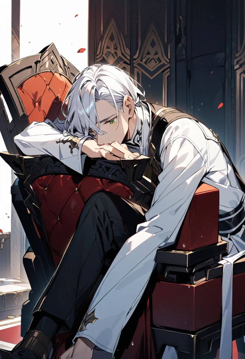 A man with white hair and green eyes sits on a royal throne resting his head on his hand, sucking his ((wet finger))