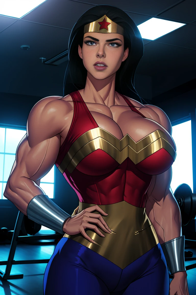 muscular woman in gym, corset, wonderwoman, big biceps, strong arms, athletic physique, powerful pose, detailed muscles, detailed skin, dramatic lighting, photorealistic, cinematic, award winning digital art, hyper detailed, ultra detailed, 8k, best quality, masterpiece