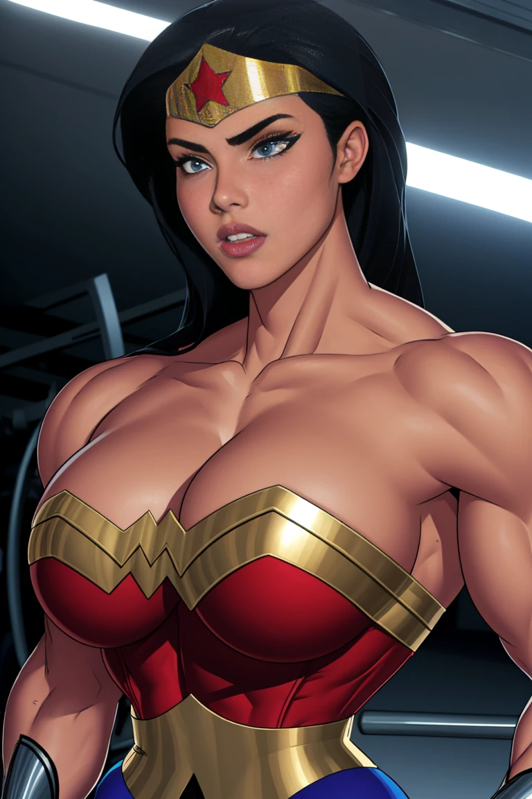 muscular woman in gym, corset, wonderwoman, big biceps, strong arms, athletic physique, powerful pose, detailed muscles, detailed skin, dramatic lighting, photorealistic, cinematic, award winning digital art, hyper detailed, ultra detailed, 8k, best quality, masterpiece