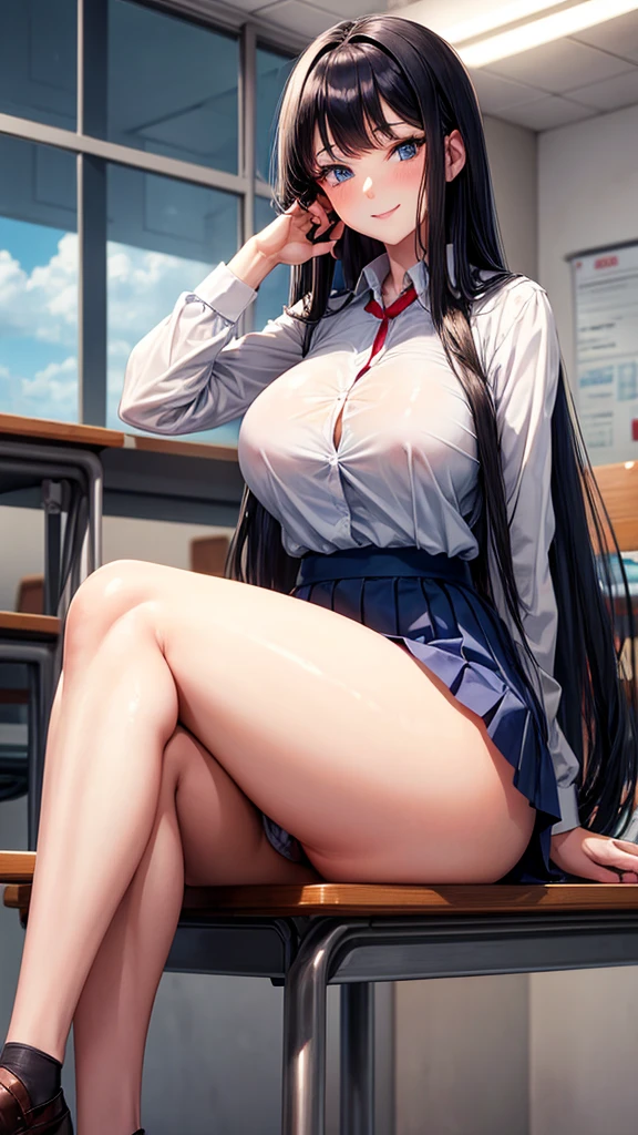 1 mature girl, beautiful face, blue eyes, red cheeks, smile, long straight hair, black hair, long bangs, seky body, colossal tits, overmany, big and droopy, big titietra, wide hips, School uniforms, mini skirt, tight shirt, sitting at the school desk