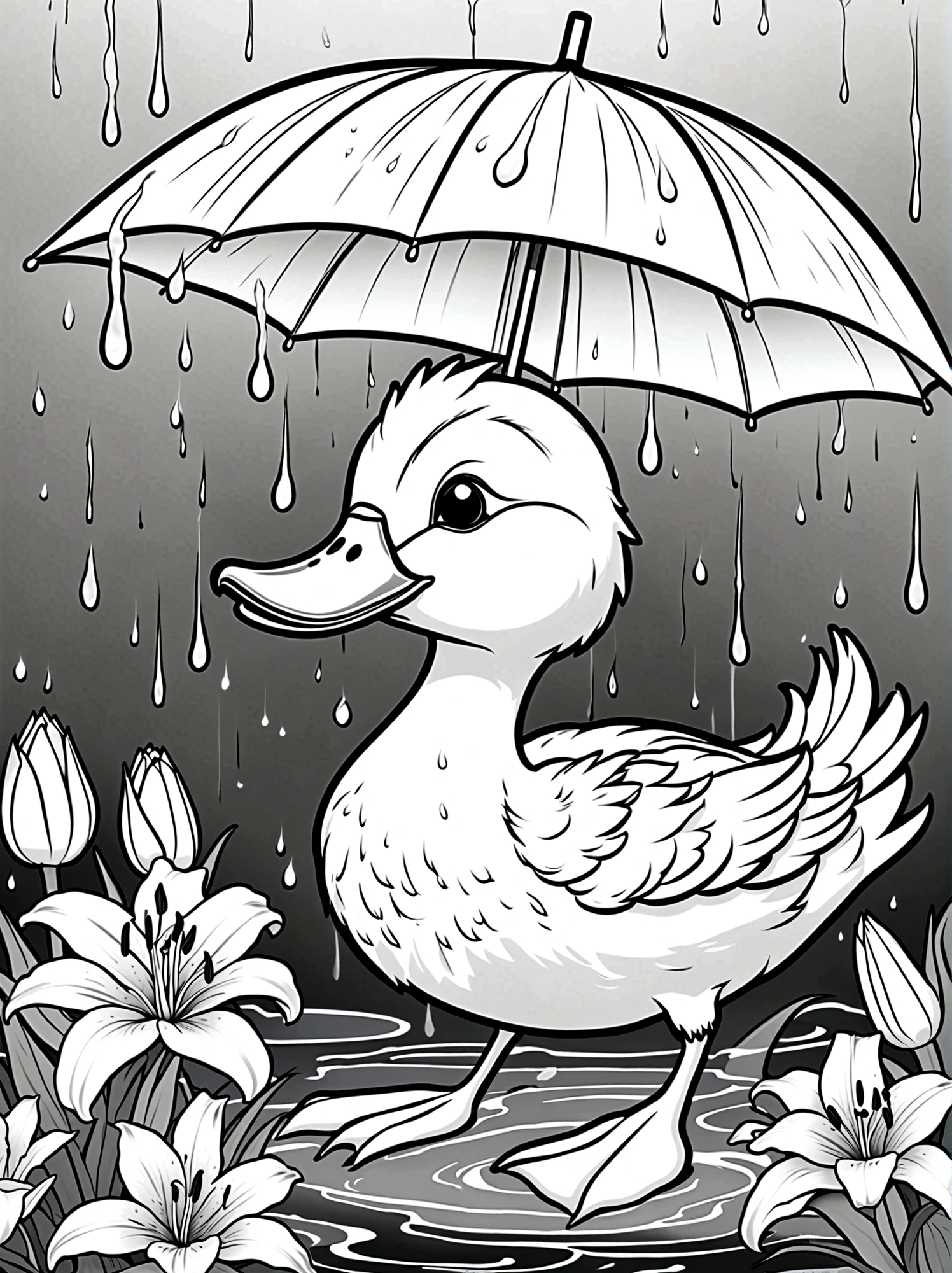 As a coloring book. White background, black and white, line drawing. No coloring. borders should be simple, clear, distinct, and thick lines. By Cartoon style of [duck], [with an umbrella], [in a rainstorm], [lilies]. No coloring! 