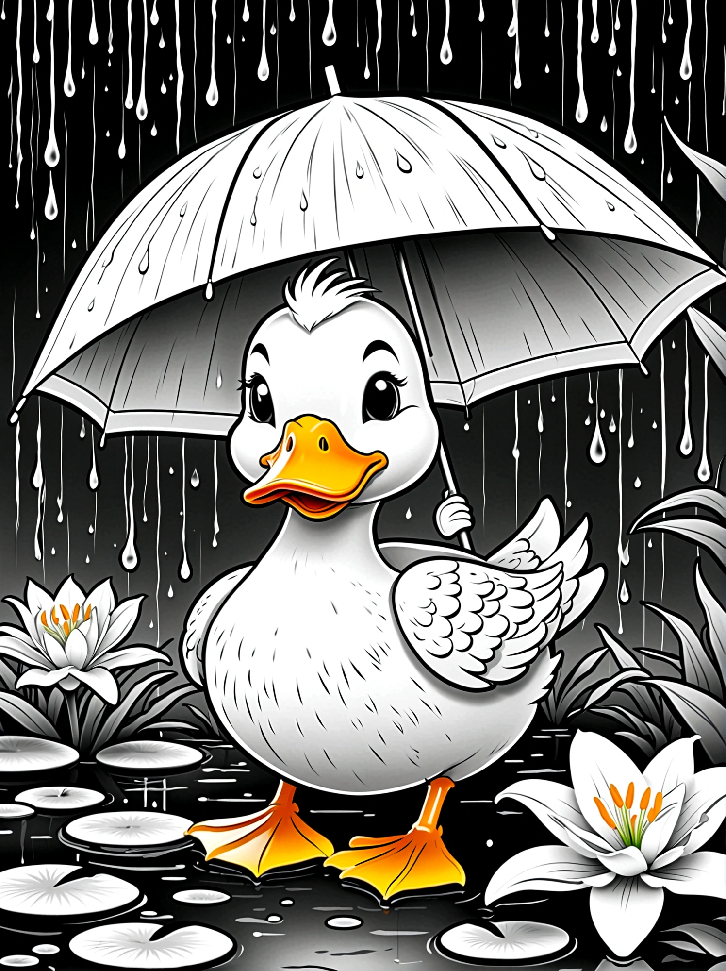 As a coloring book. White background, black and white, line drawing. No coloring. borders should be simple, clear, distinct, and thick lines. By Cartoon style of [duck], [with an umbrella], [in a rainstorm], [lilies]. No coloring! 