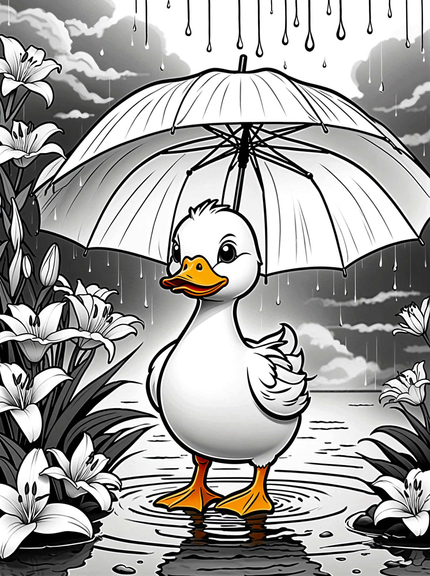 As a coloring book. White background, black and white, line drawing. No coloring. borders should be simple, clear, distinct, and thick lines. By Cartoon style of [duck], [with an umbrella], [in a rainstorm], [lilies]. No coloring! 