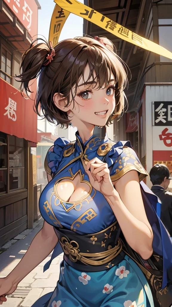 (perfect anatomy:1.2)(absurdres, highres, ultra detailed),masterpiece,best quality,high resolution,8k,Realistic face,Realistic skin texture,magnified textures, stunning clarity,detailed anime girl,(ultra detailed eyes and face),(14 years old:1.2),(baby face:1.2),japanese girl,floral printed blue yukata,、(very short hair, two side up:1.4)、tareme,light brown hair:1.2,kanzashi、glamor、short stature、(grin:1.4)、(bust up:1.4),Steampunk in the Edo Period、(Vivid hieroglyph signs and street advertisements:1.2)、busy、(worried about viewer:1.4),autumn、hieroglyph,souk、Shopping Street、Ancient Egyptian statues,reaching out,(tanned skin:1.3 ),big breasts,look up viewer,round face,Shoulder Bare,(from front:1.2),(cleavage cutout:1.5),