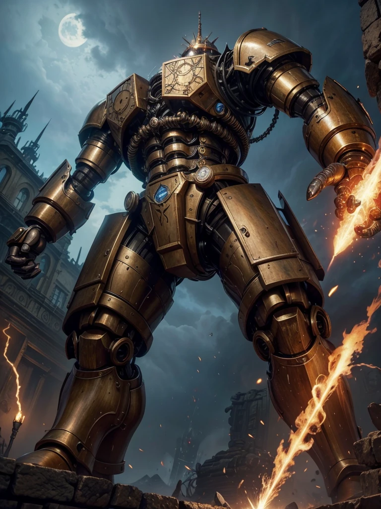A mechanical colossus of iron and bronze, powered by an unstable aether core.