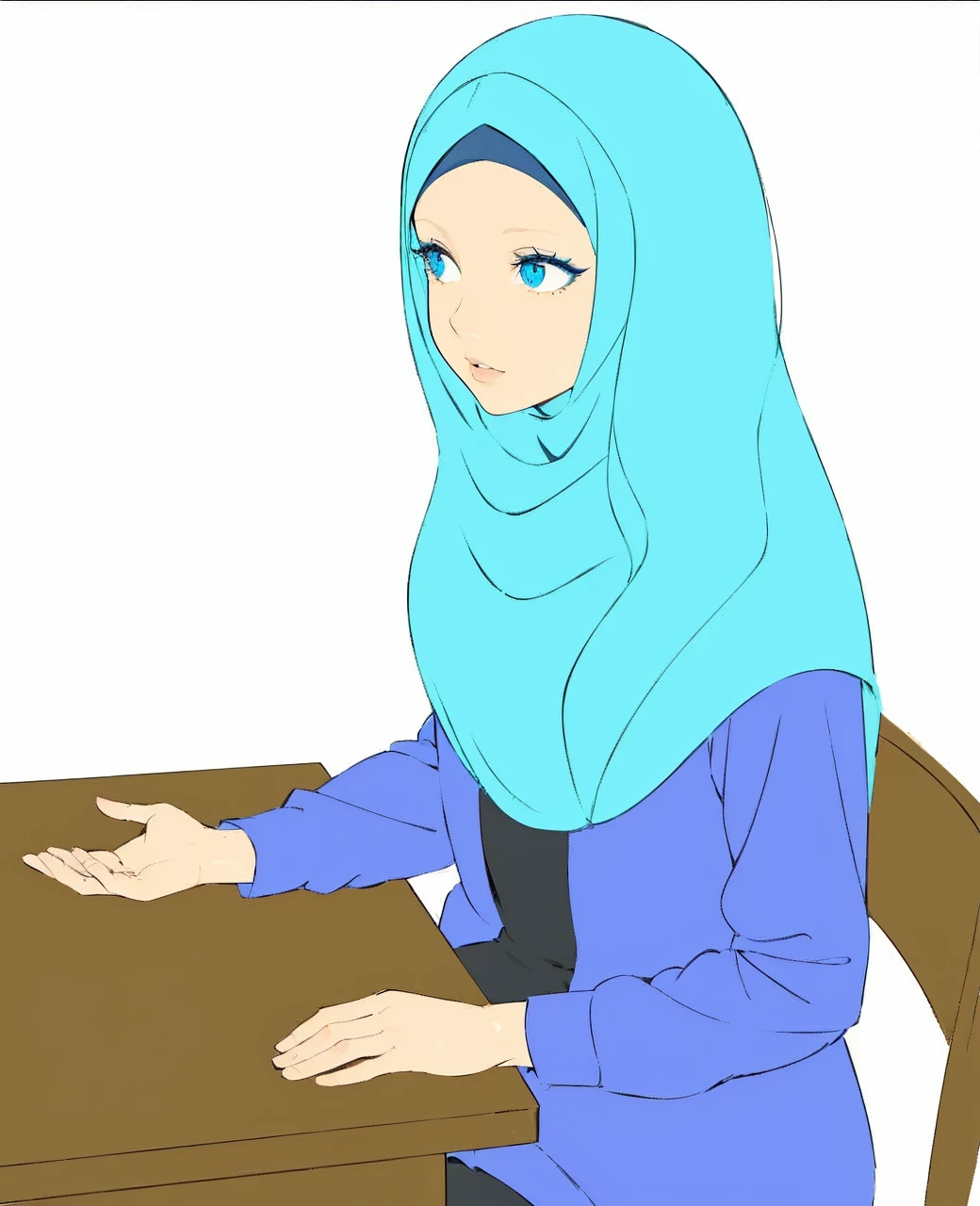 a beautiful girl in a blue hijab and dress, sitting on a desk, extremely detailed beautiful eyes, beautiful detailed lips, long eyelashes, cinematic dramatic lighting, intricate details, hyper realistic, photorealistic, 8k