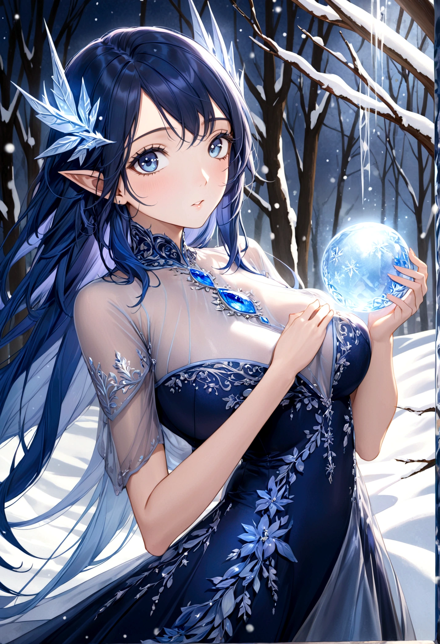 A ice elf (lovely woman, pale blue skin, deep blue hair and eyes, sheer reflective evening dress) acting alluring in a winter wonder land
