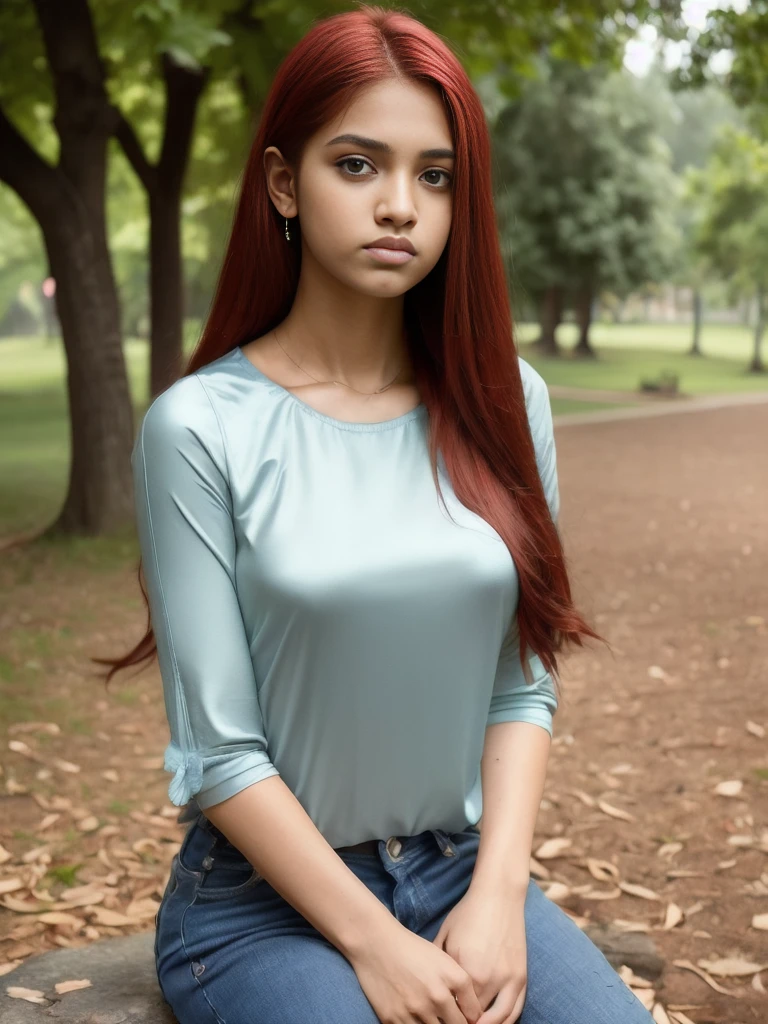 Portrait of 19 years old charming  teenage girl, healthy, beautiful Indian girl, very long red hair, cute and serious, naughty and provoking expression to viewer, ((tight silk top))), jeans, full body, in the park, sexy, ultra-realistic , photorealistic, detailed, light skin, detailed in 8K, [no worries, NSFW,]